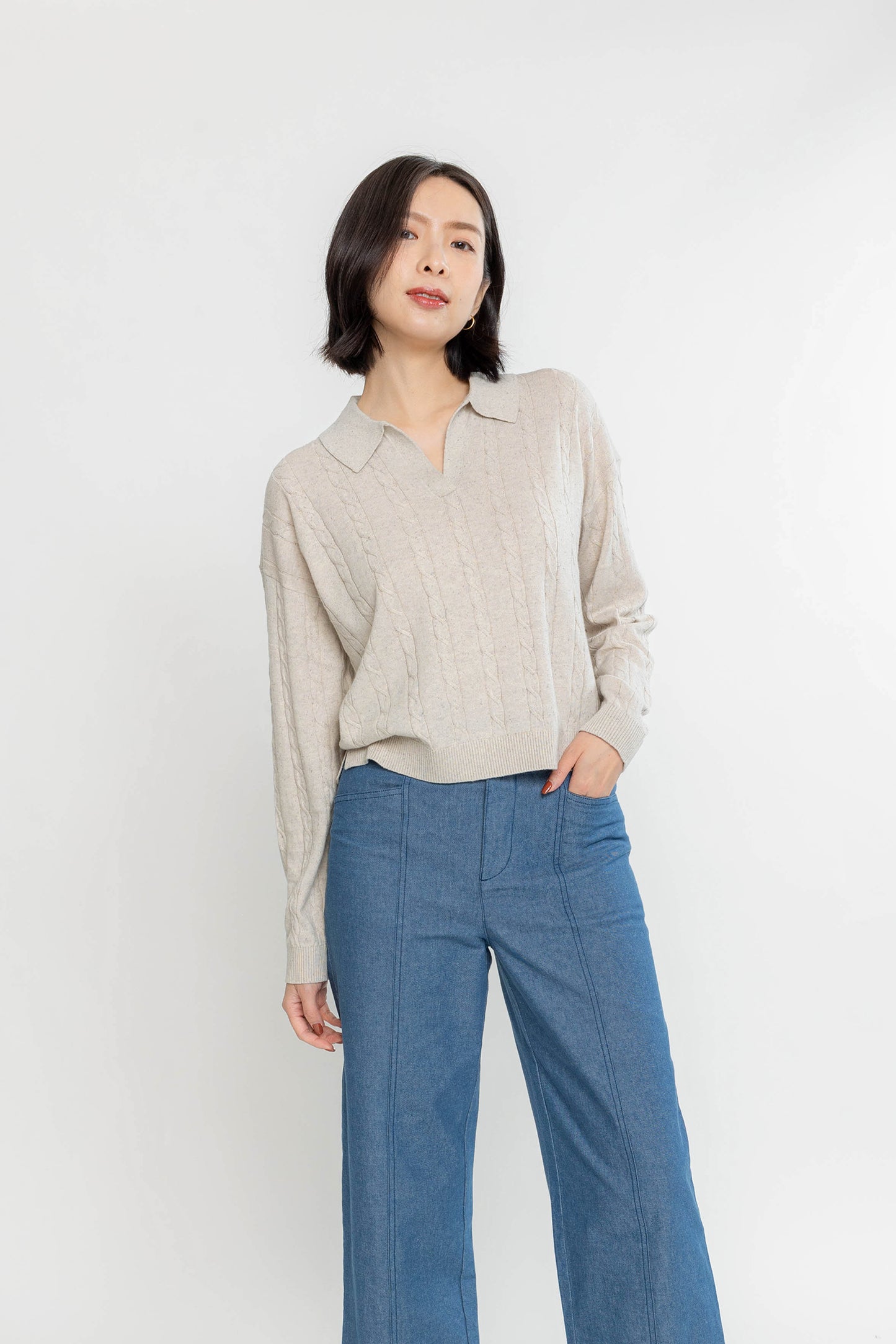 Easy Cable Knit Polo - Wheat