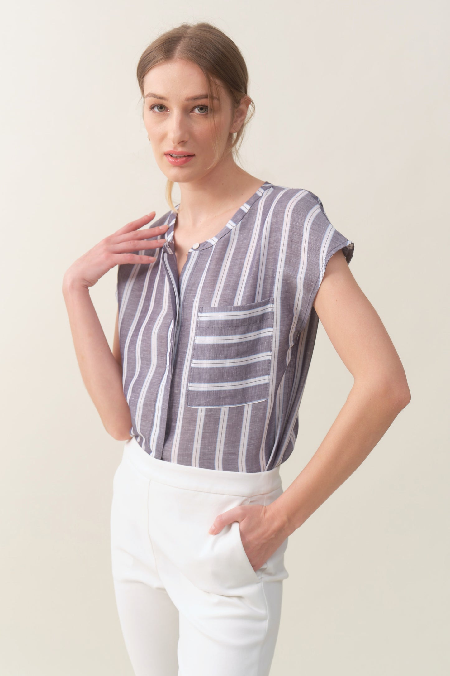 Cap-sleeve Relaxed Shirt - Chambray Stripe