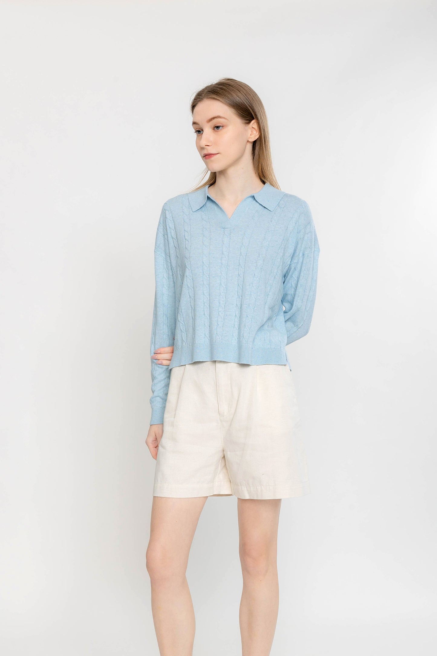 Easy Cable Knit Polo - Sky Blue