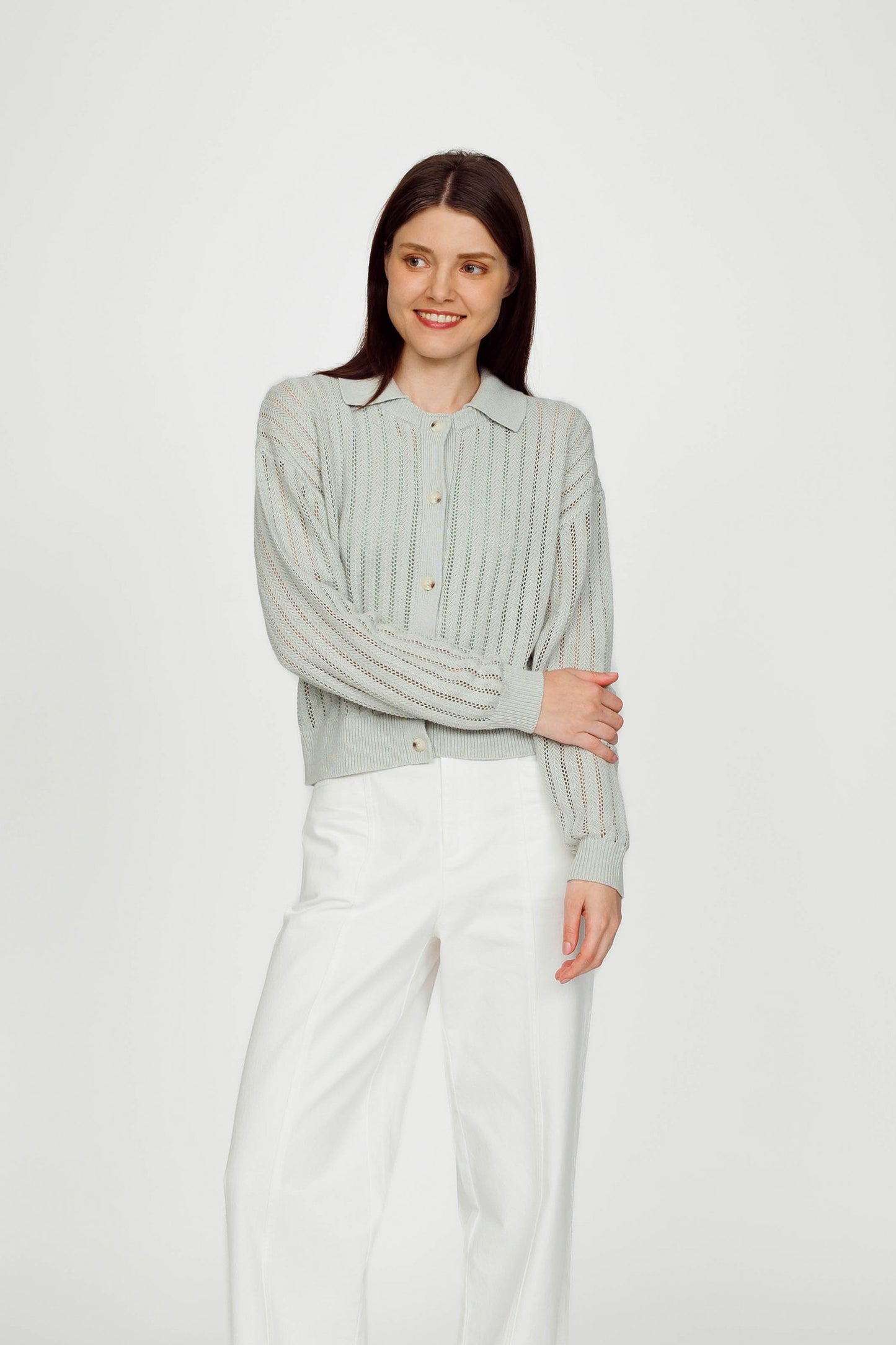 Openwork Linen Cardigan (removable collar) - Jade