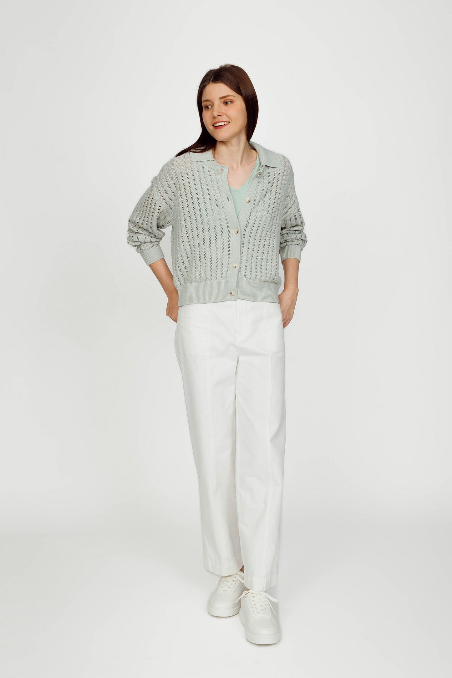 Openwork Linen Cardigan (removable collar) - Jade