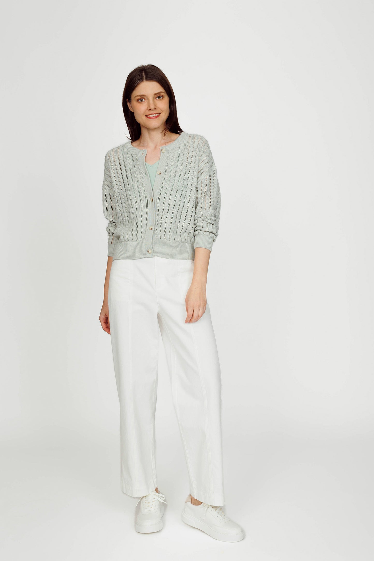 Openwork Linen Cardigan (removable collar) - Jade