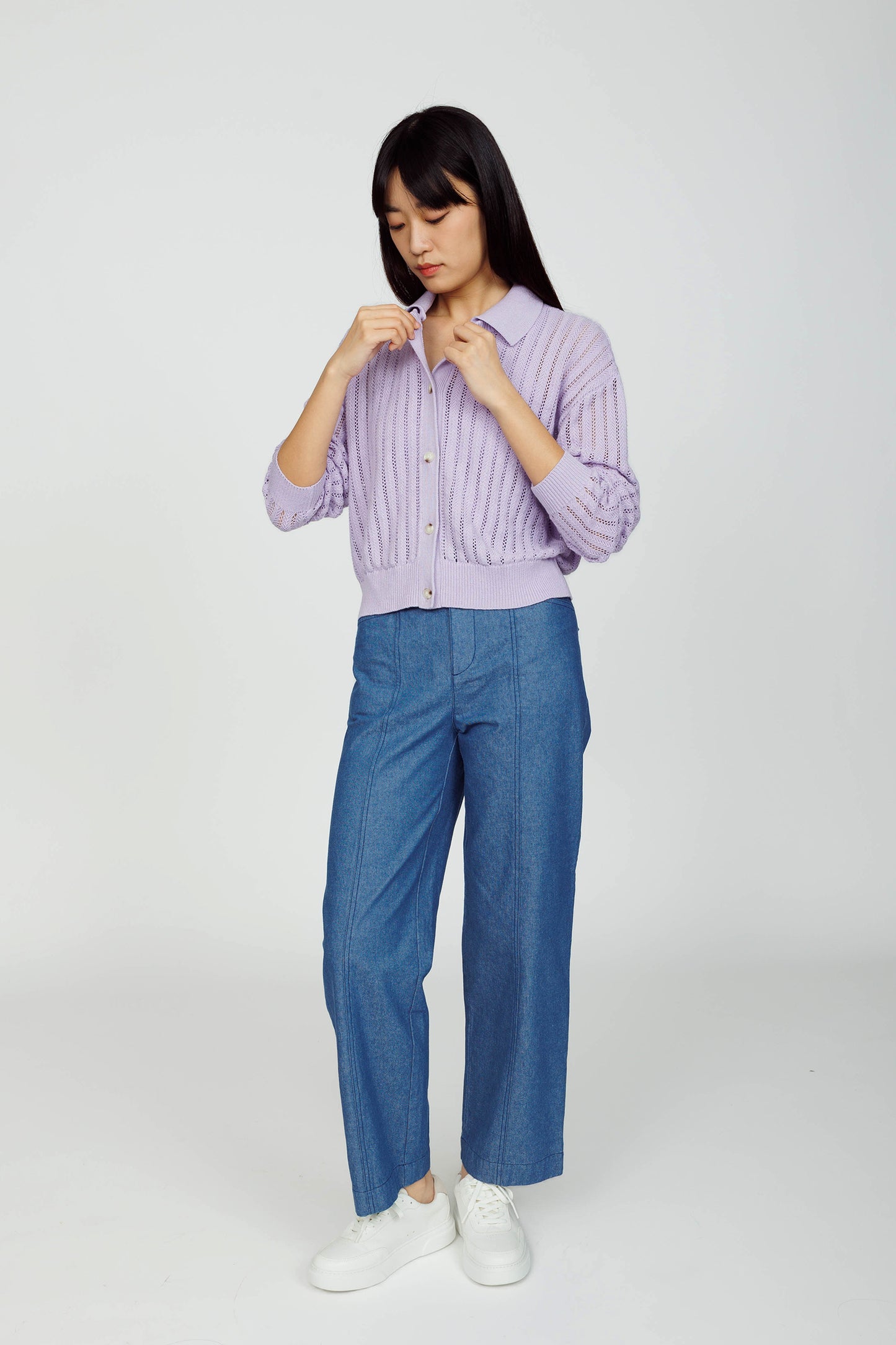 Openwork Linen Cardigan (removable Collar) - Lavender