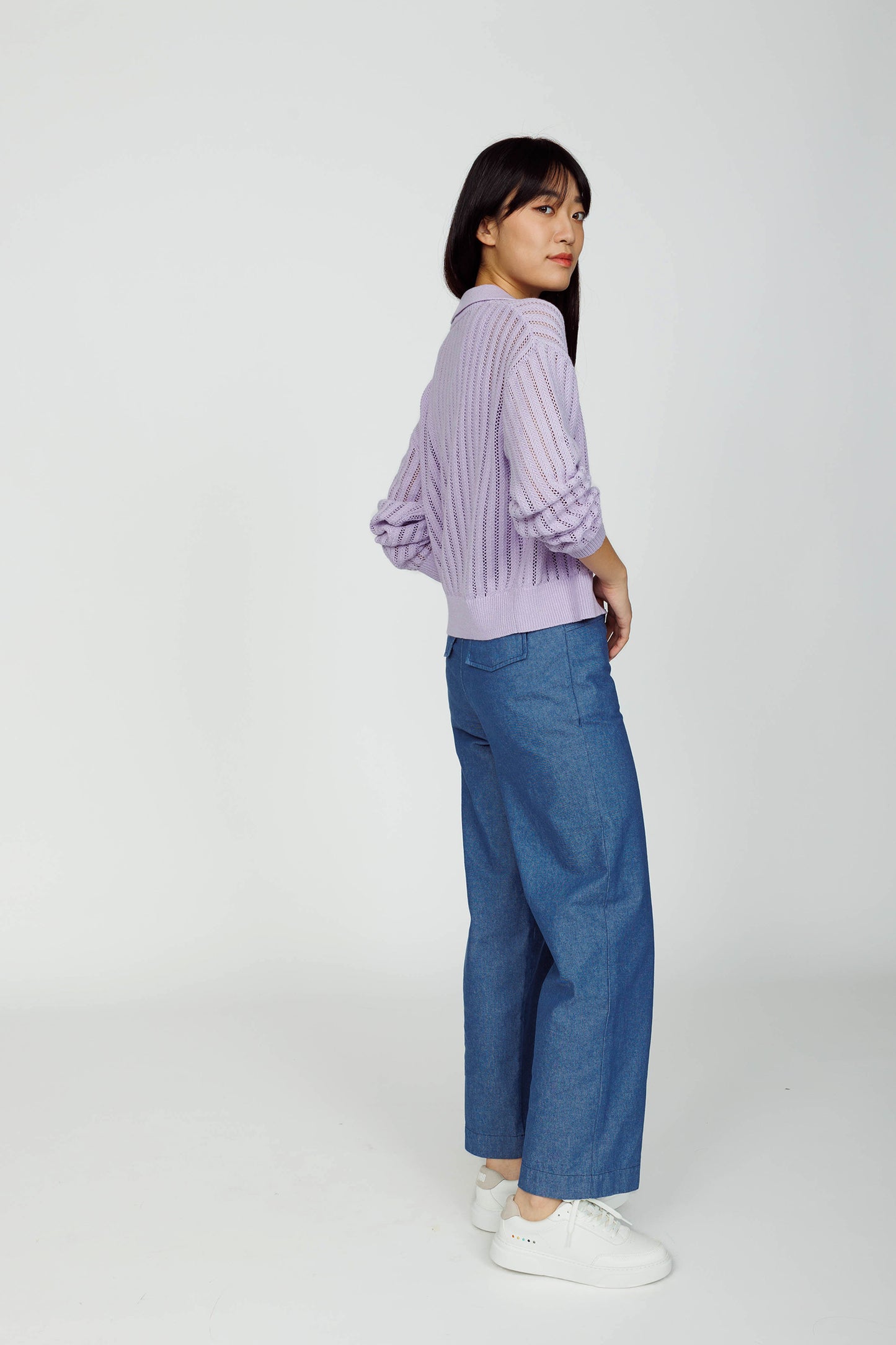 Openwork Linen Cardigan (removable Collar) - Lavender