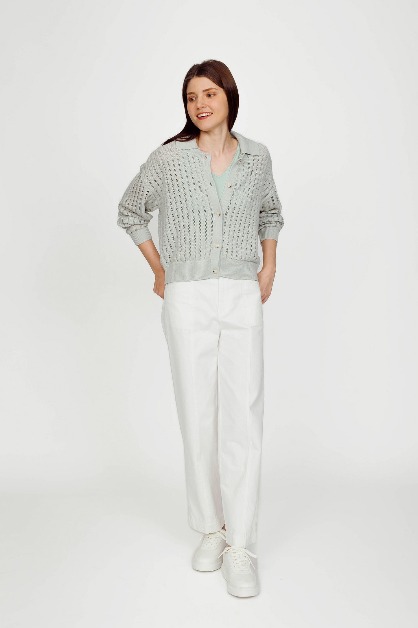 Openwork Linen Cardigan (removable collar) - Jade