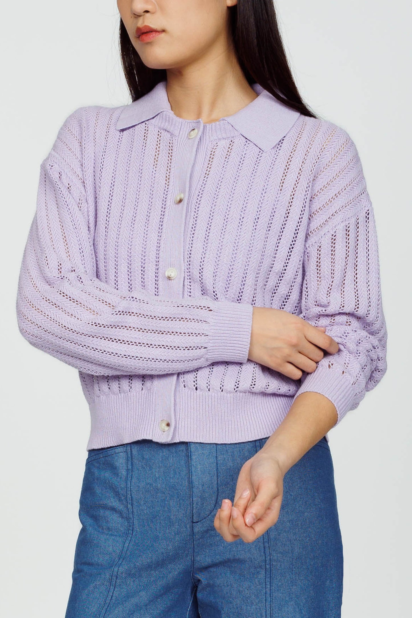 Openwork Linen Cardigan (removable Collar) - Lavender