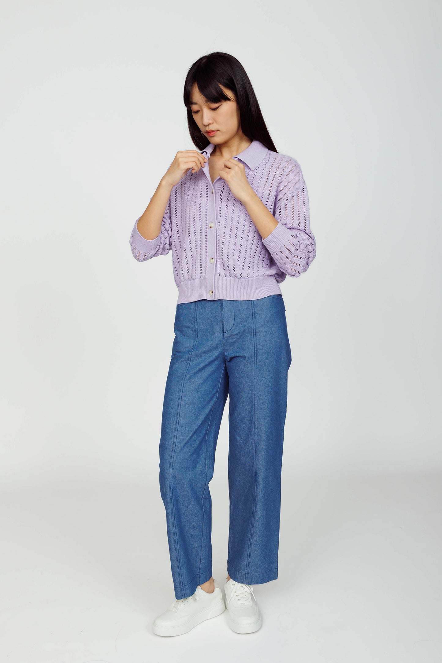Openwork Linen Cardigan (removable Collar) - Lavender