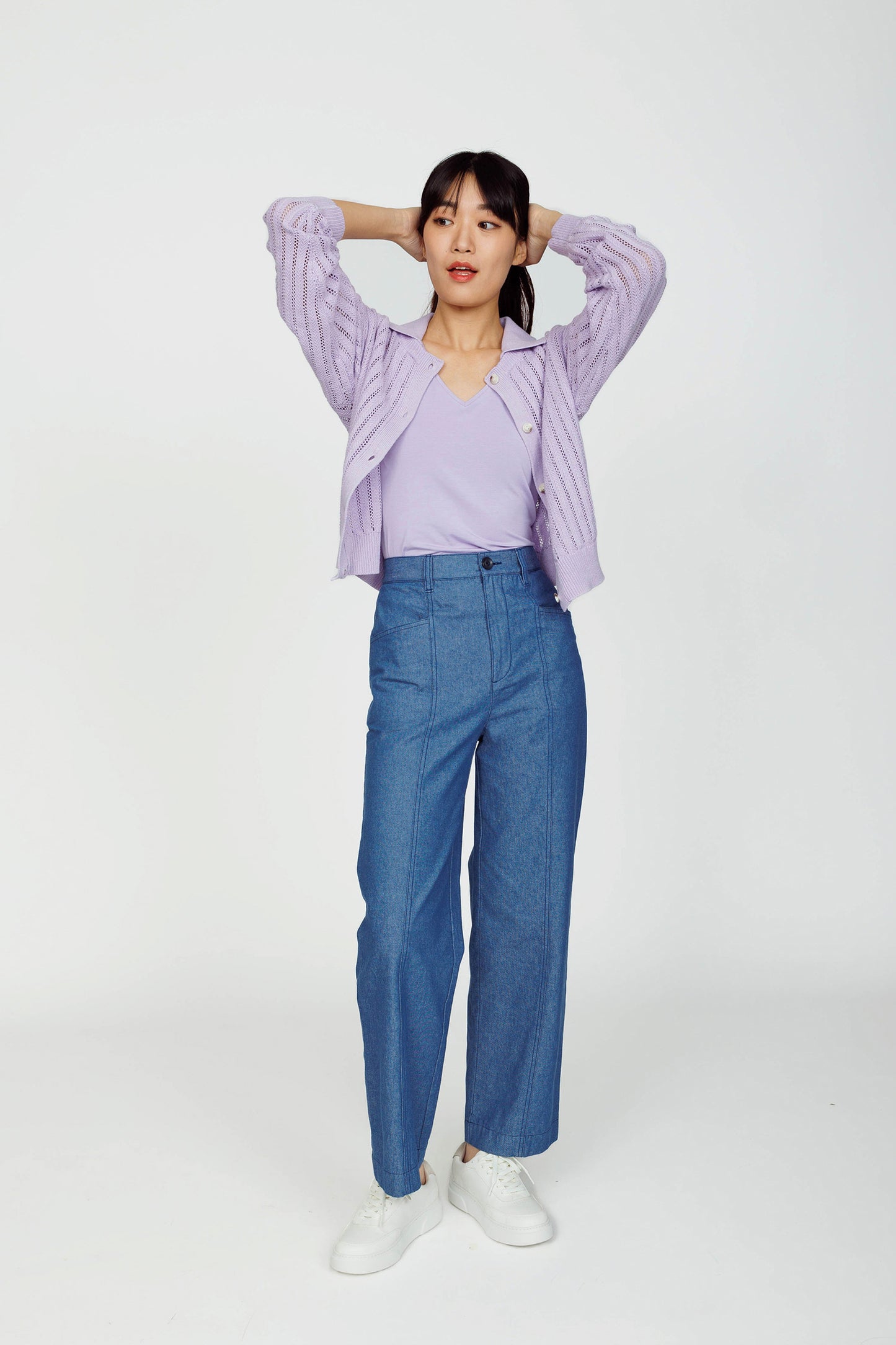 Openwork Linen Cardigan (removable Collar) - Lavender