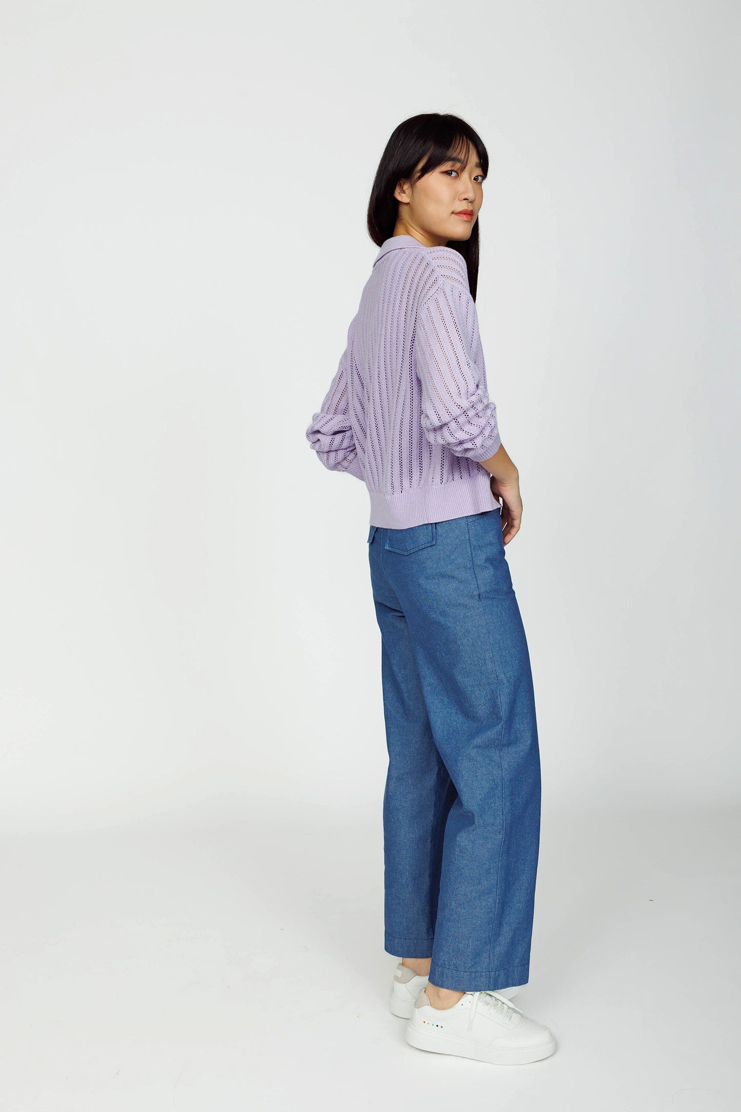Openwork Linen Cardigan (removable Collar) - Lavender