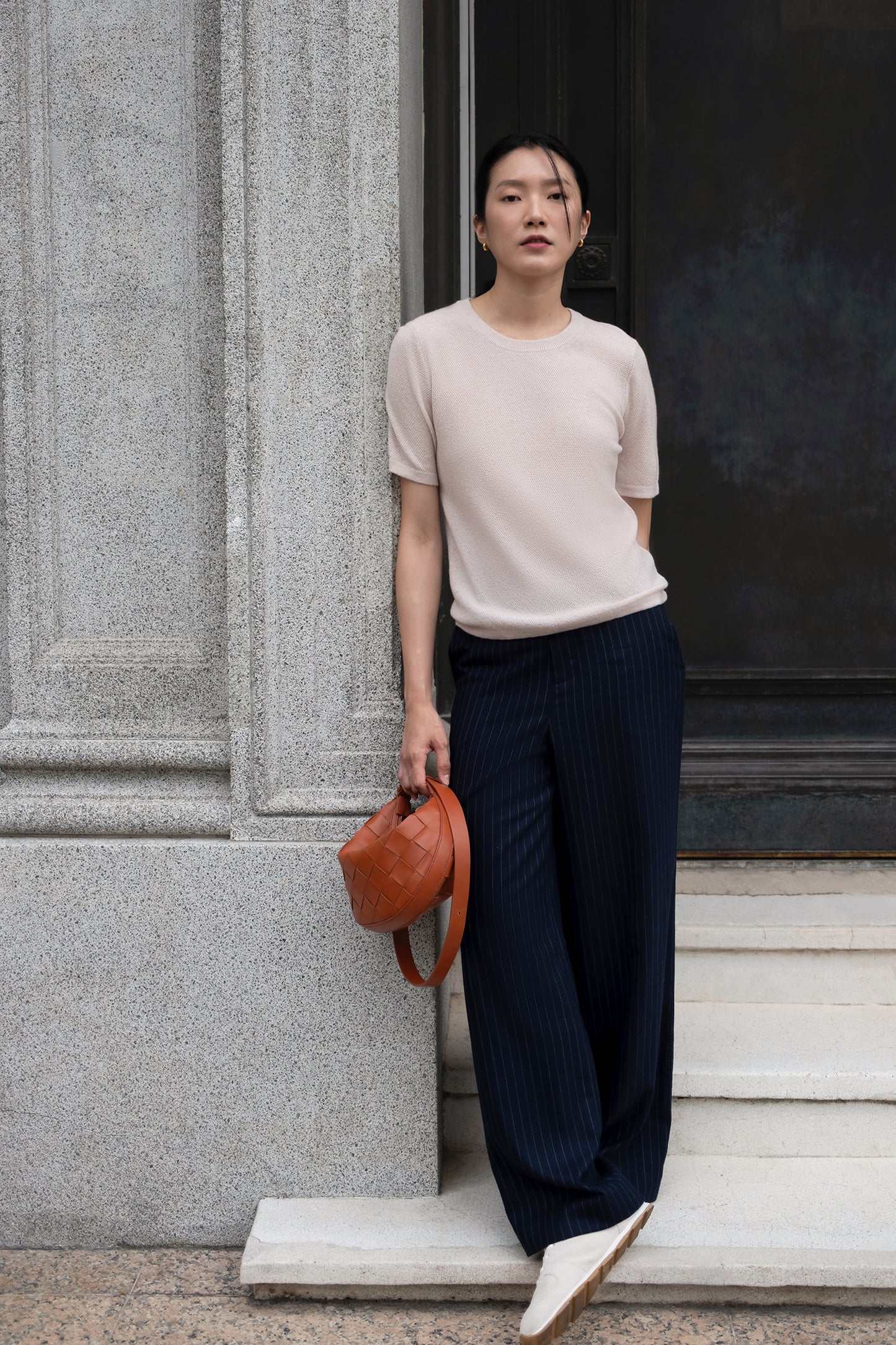 High-waist Wool Wide Trouser - Navy Pinstripe