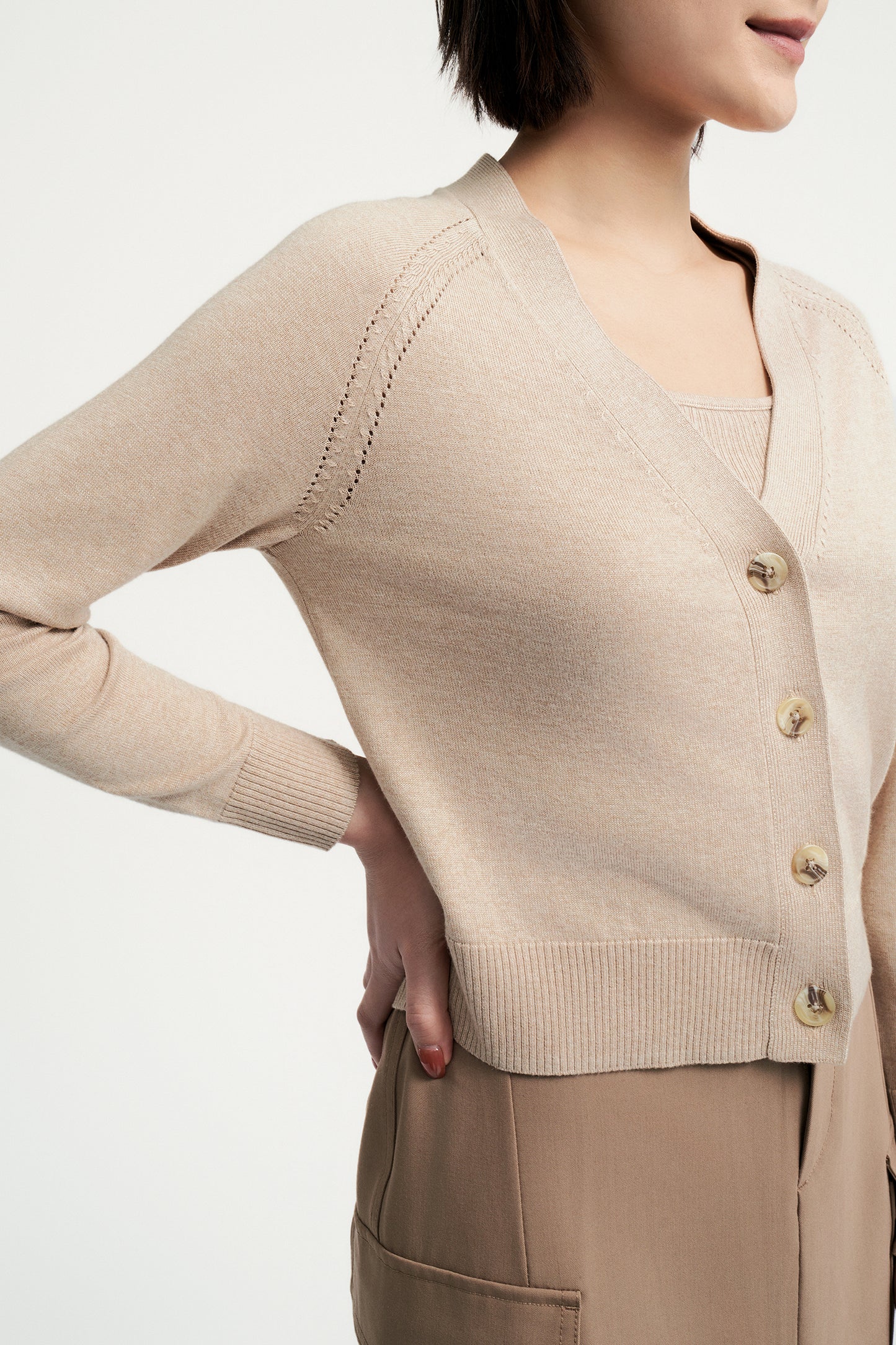 Pointelle Raglan Cardigan - Latte