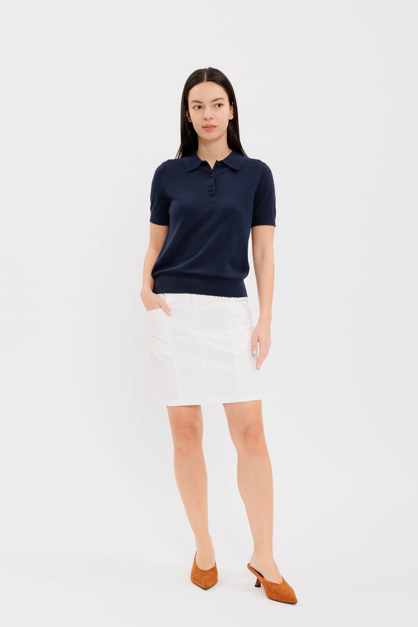 Short-sleeve Scalloped Polo - Navy