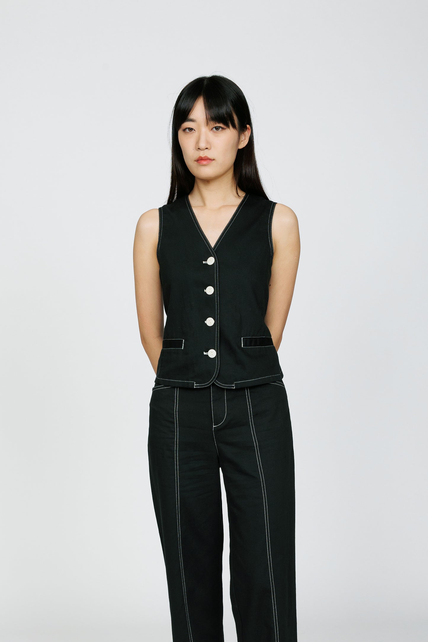 Topstitch Linen Vest - Black