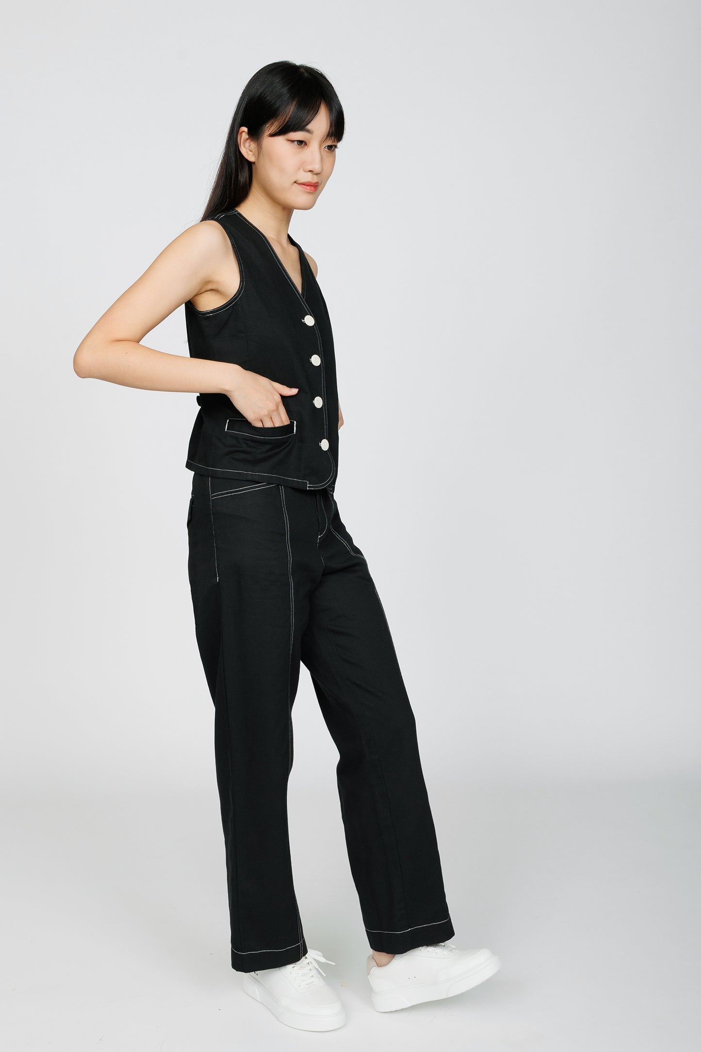 Topstitch Linen Vest - Black