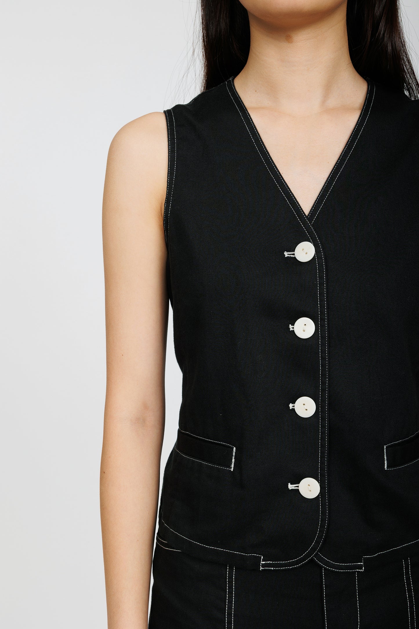 Topstitch Linen Vest - Black