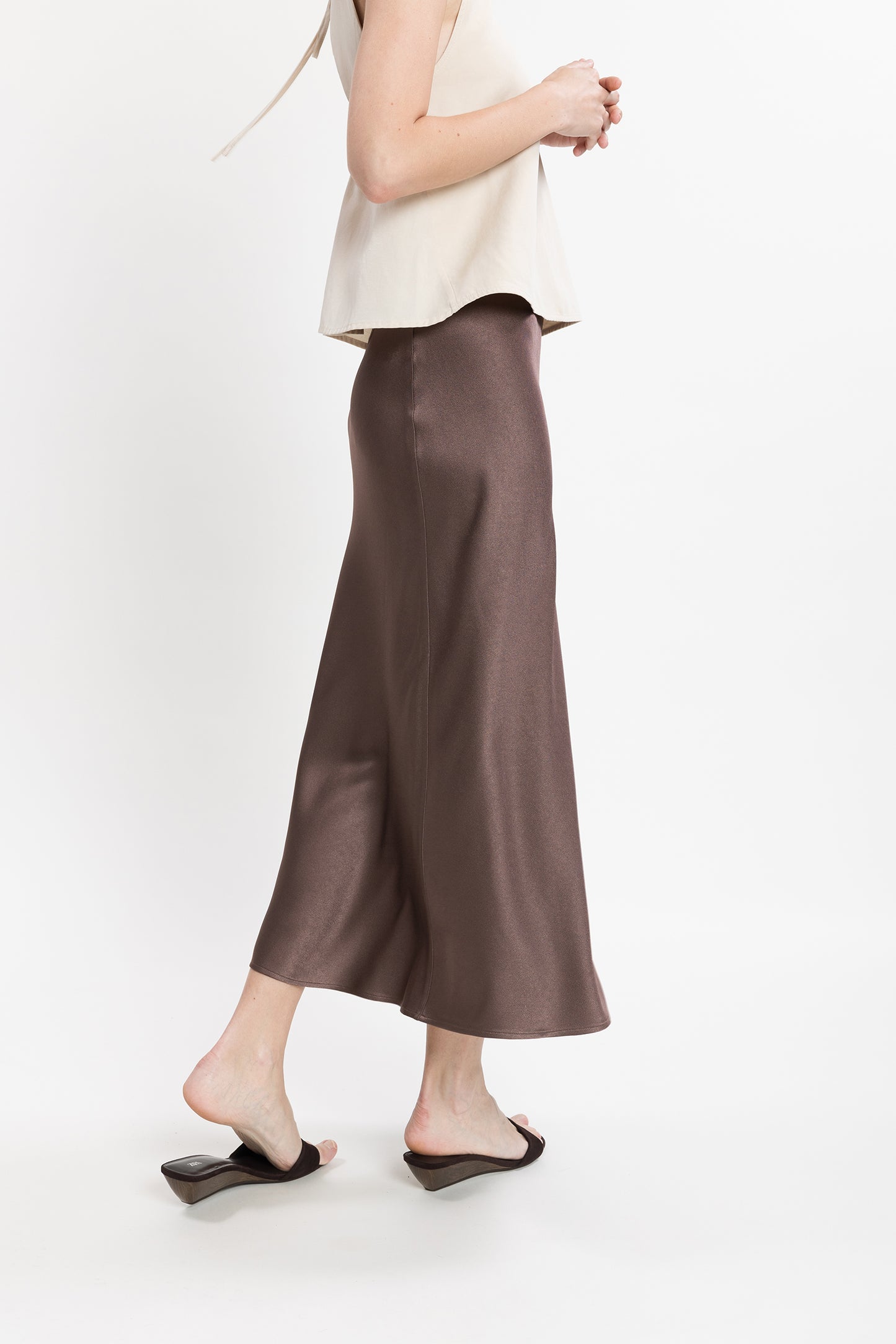 Asymmetric Midi Satin Skirt - Chocolate