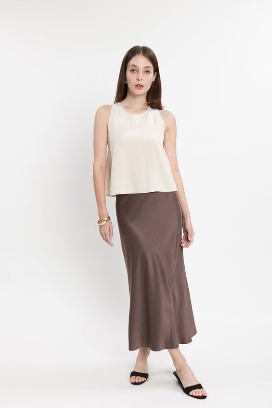 Asymmetric Midi Satin Skirt - Chocolate