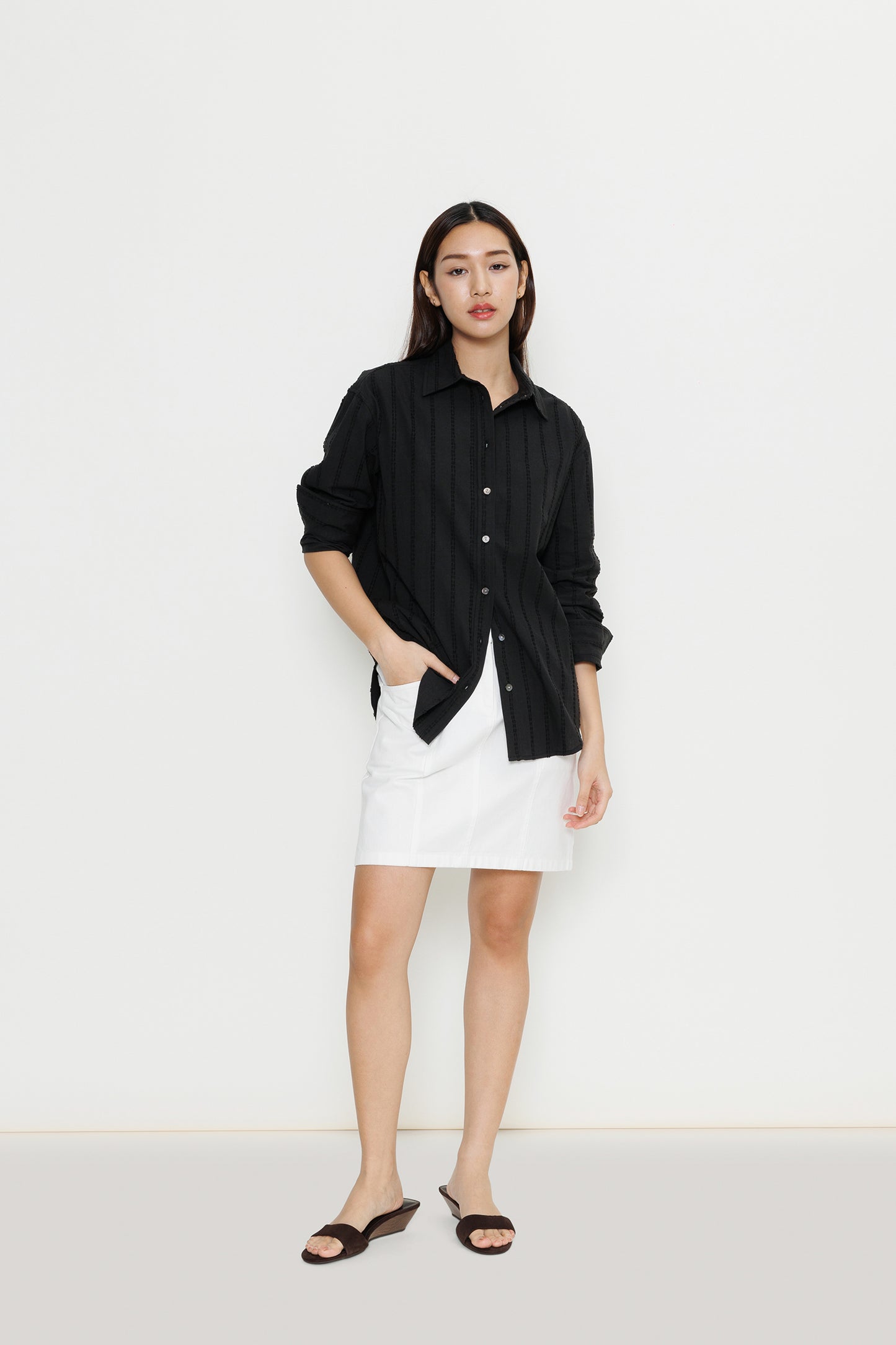Boyfriend Flocked Poplin Shirt - Black