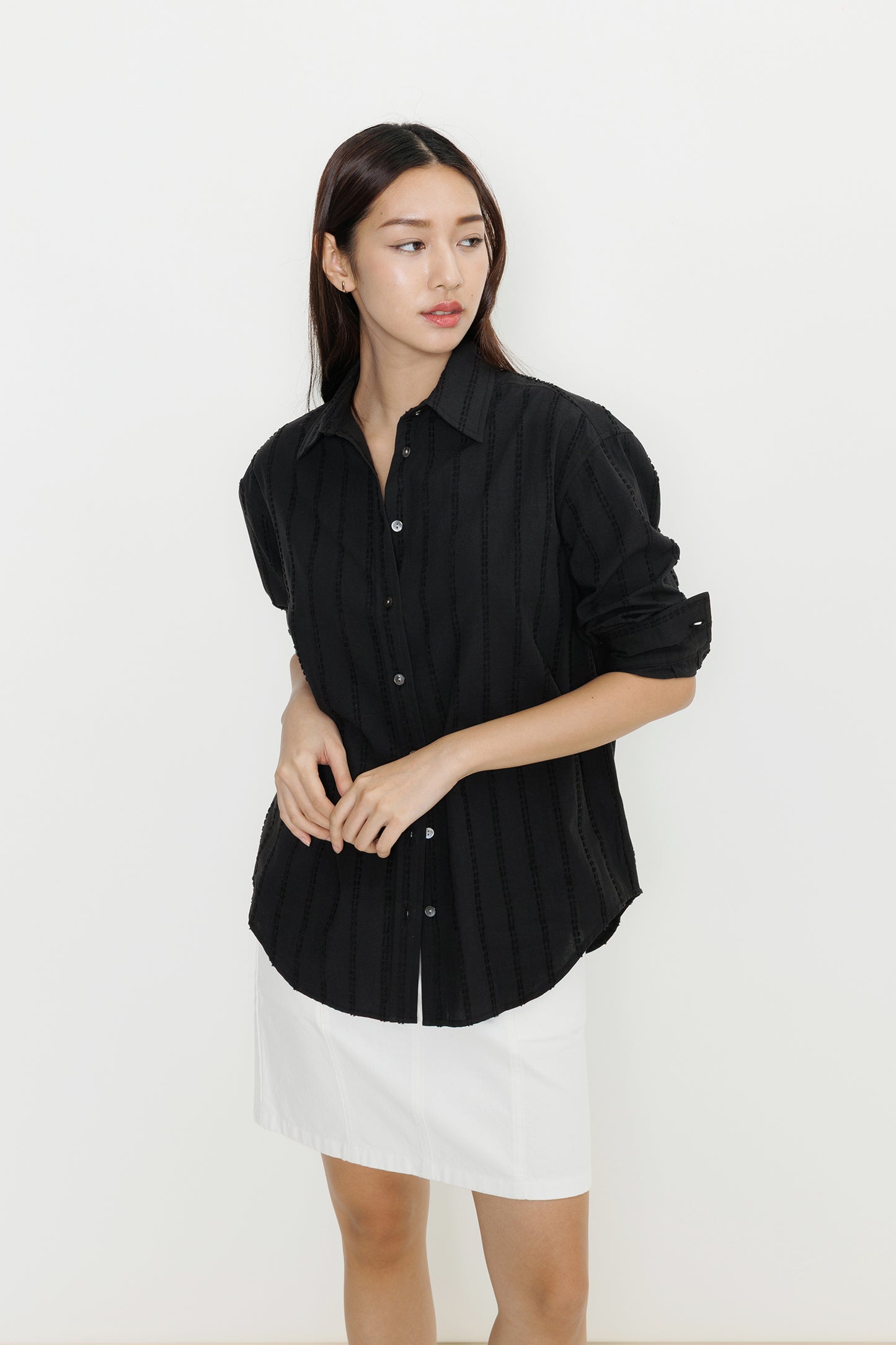 Boyfriend Flocked Poplin Shirt - Black