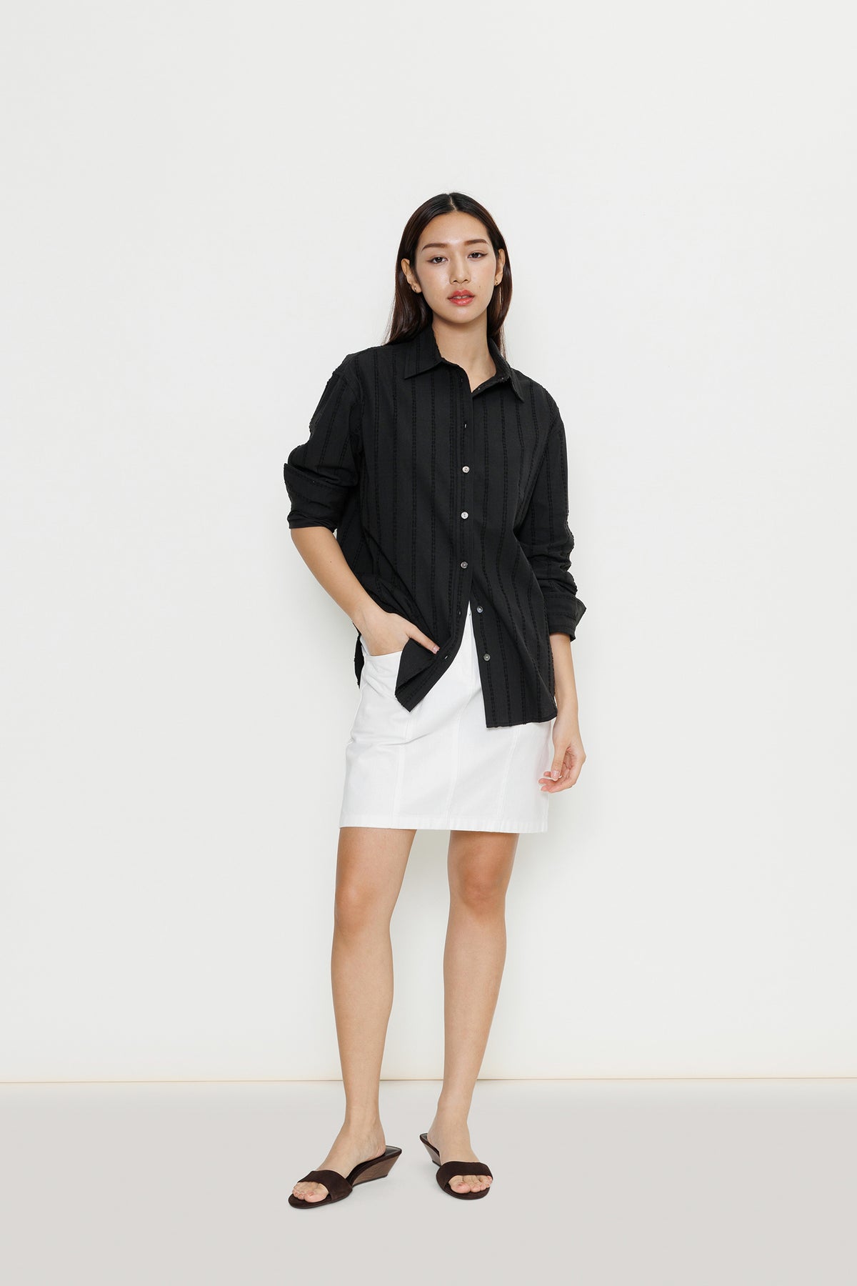 Boyfriend Flocked Poplin Shirt - Black