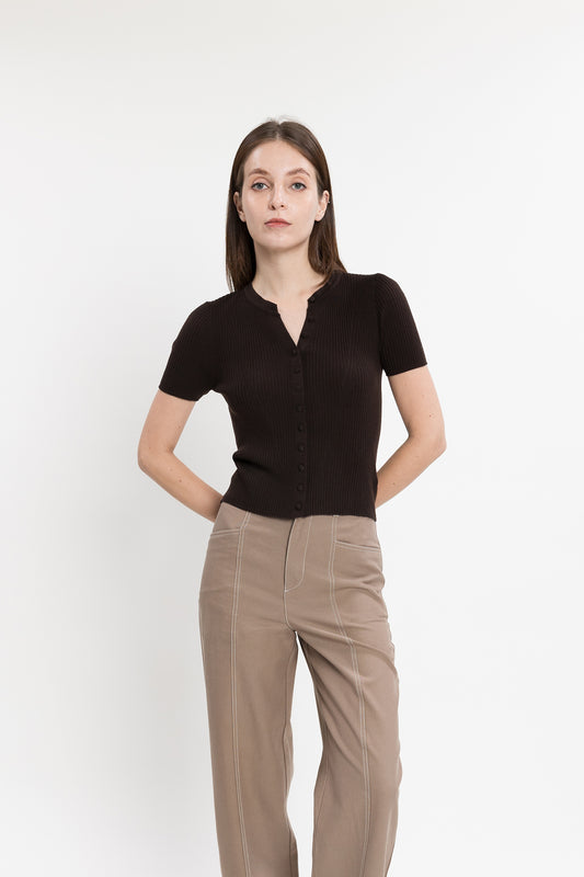 Short-sleeve Buttoned Knit Top - Chocolate