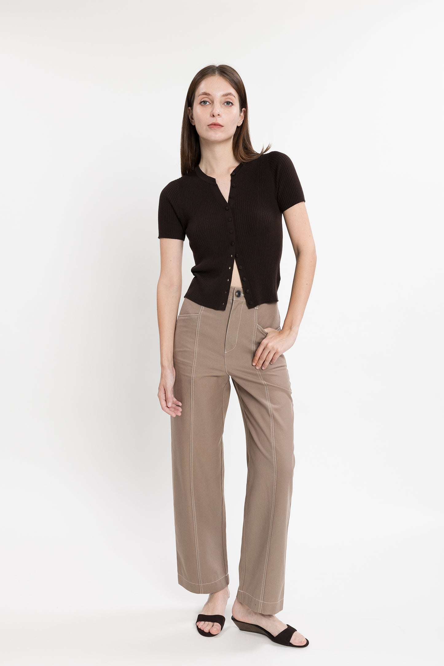 Short-sleeve Buttoned Knit Top - Chocolate
