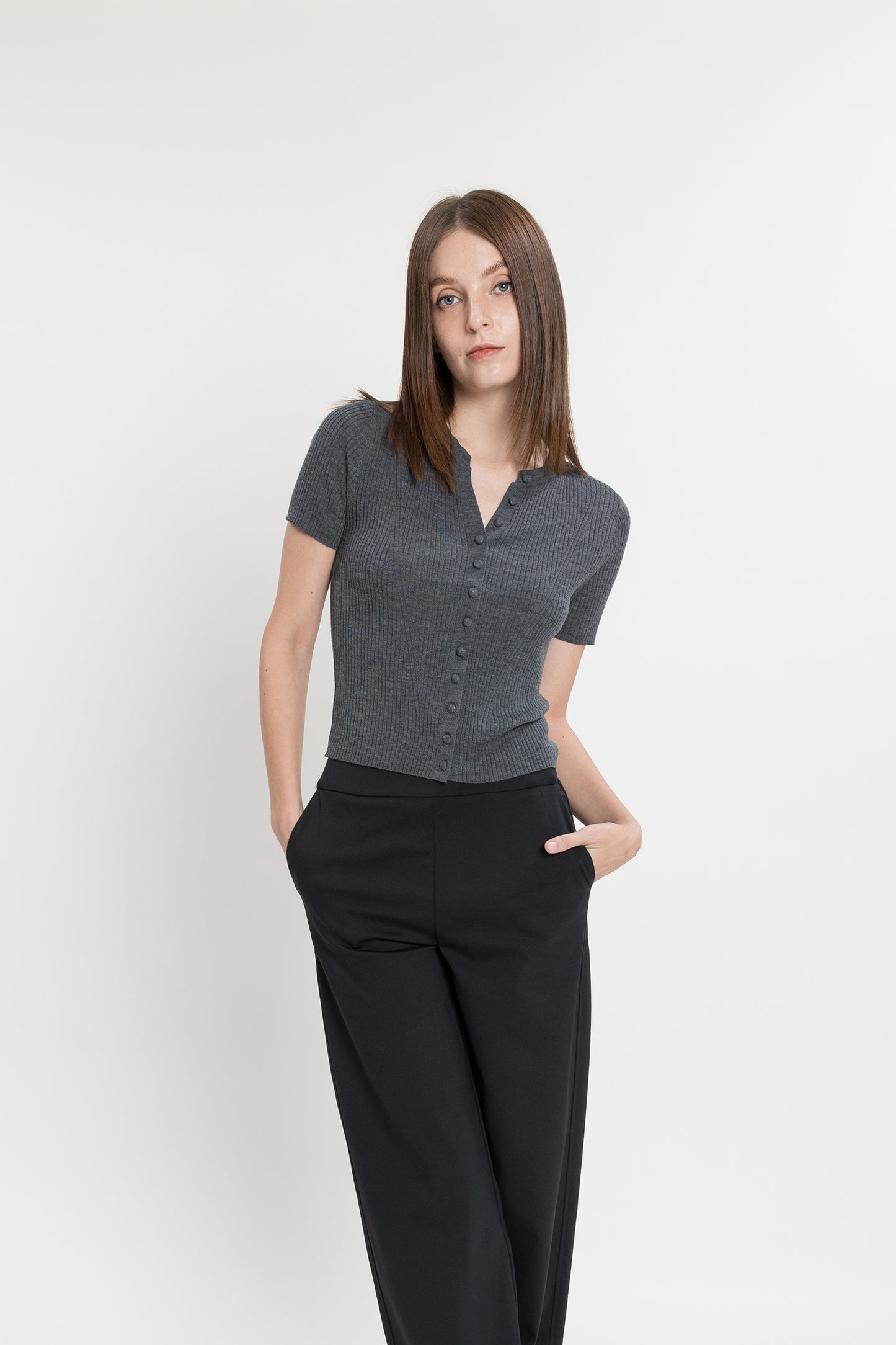 Short-sleeve Buttoned Knit Top - Shadow