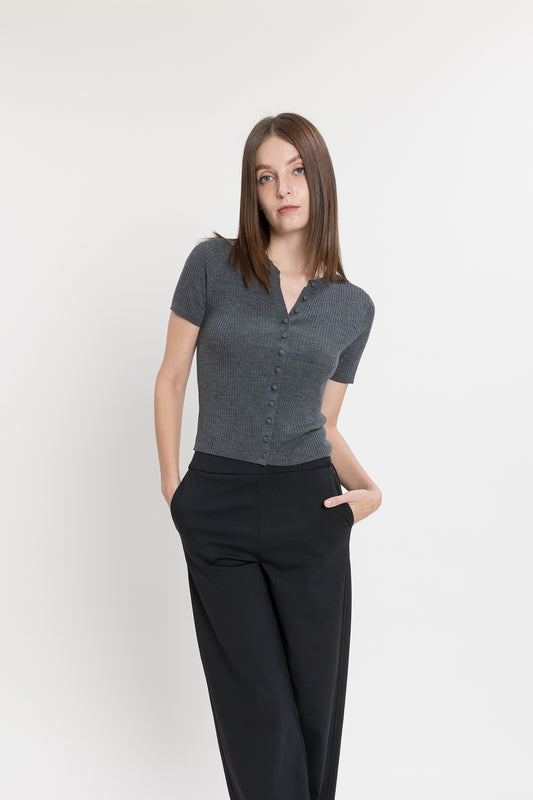 Short-sleeve Buttoned Knit Top - Shadow