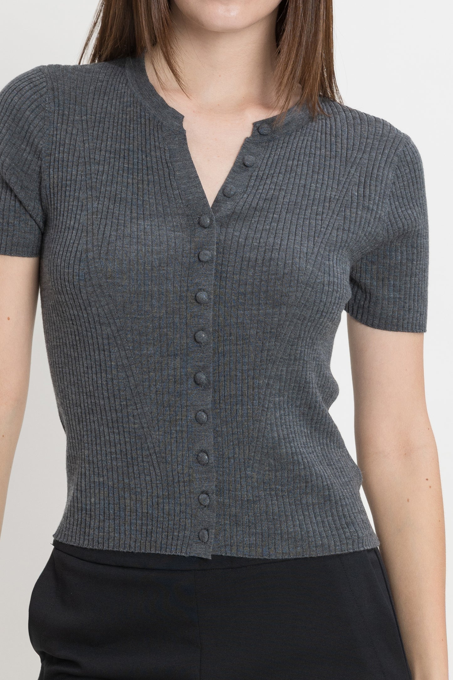 Short-sleeve Buttoned Knit Top - Shadow