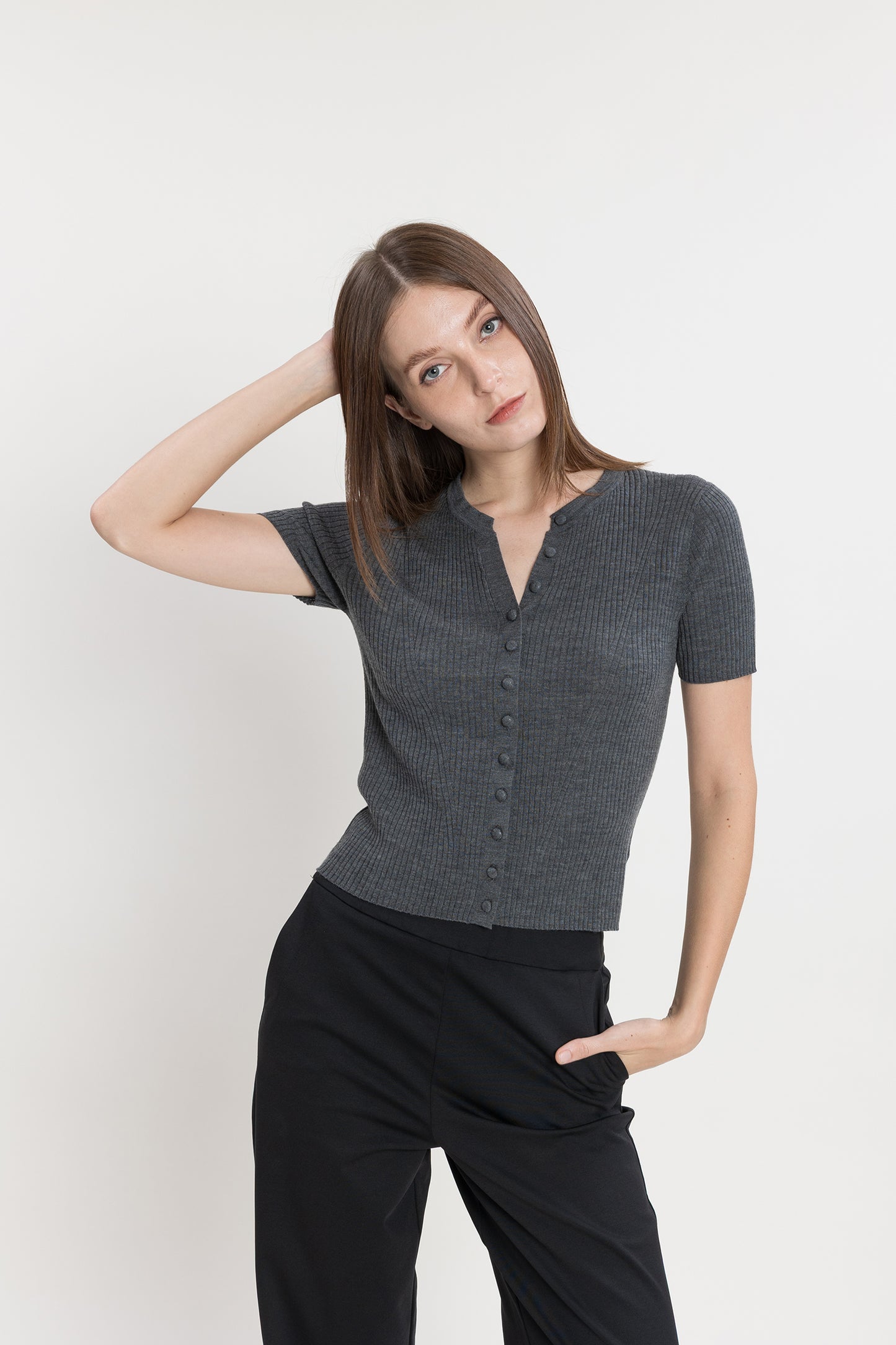 Short-sleeve Buttoned Knit Top - Shadow