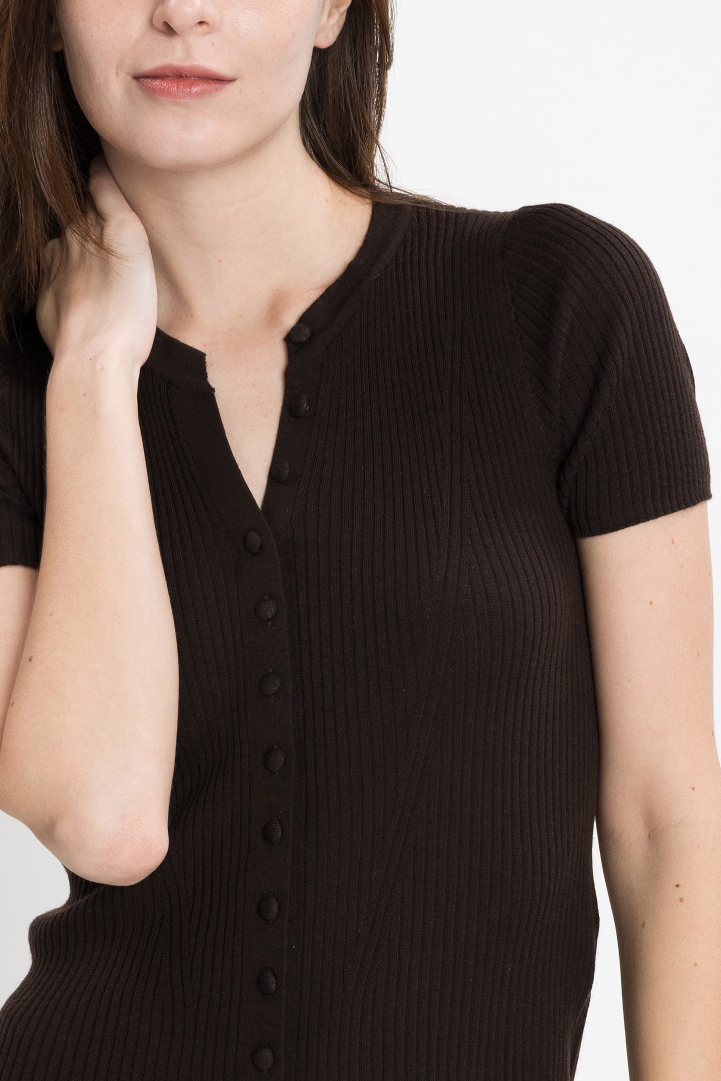 Short-sleeve Buttoned Knit Top - Chocolate