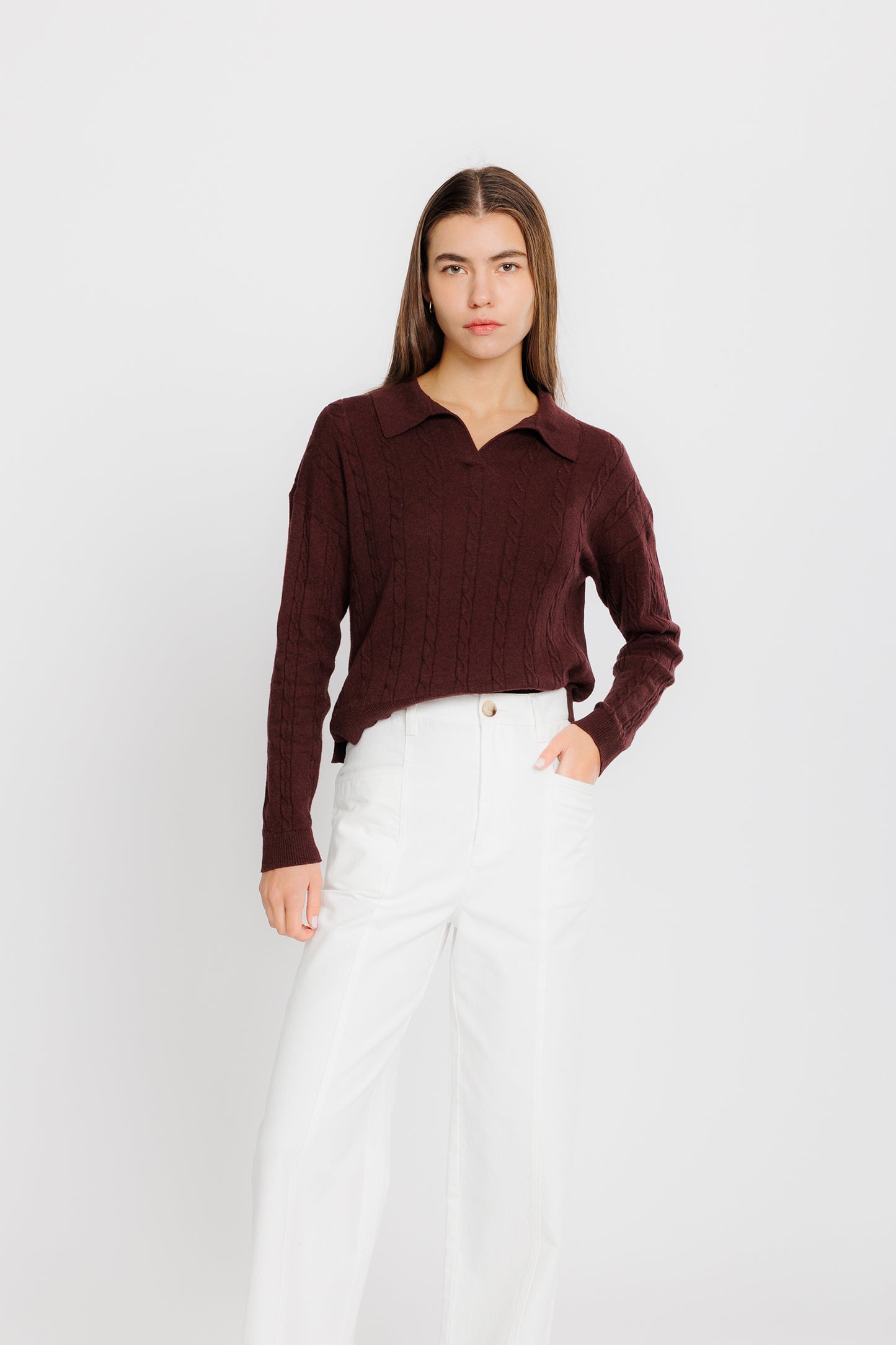 Easy Cable Knit Polo - Mahogany