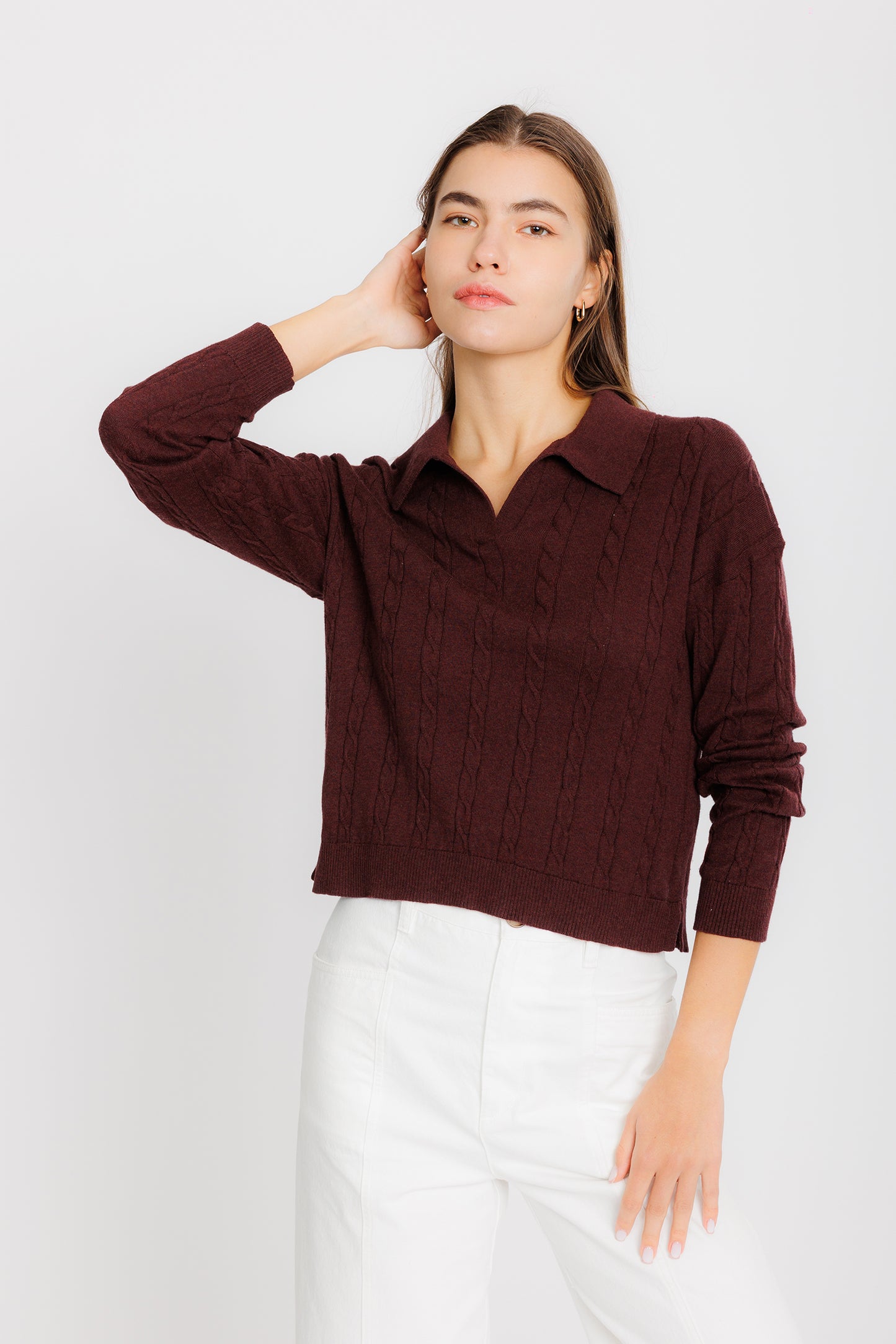 Easy Cable Knit Polo - Mahogany