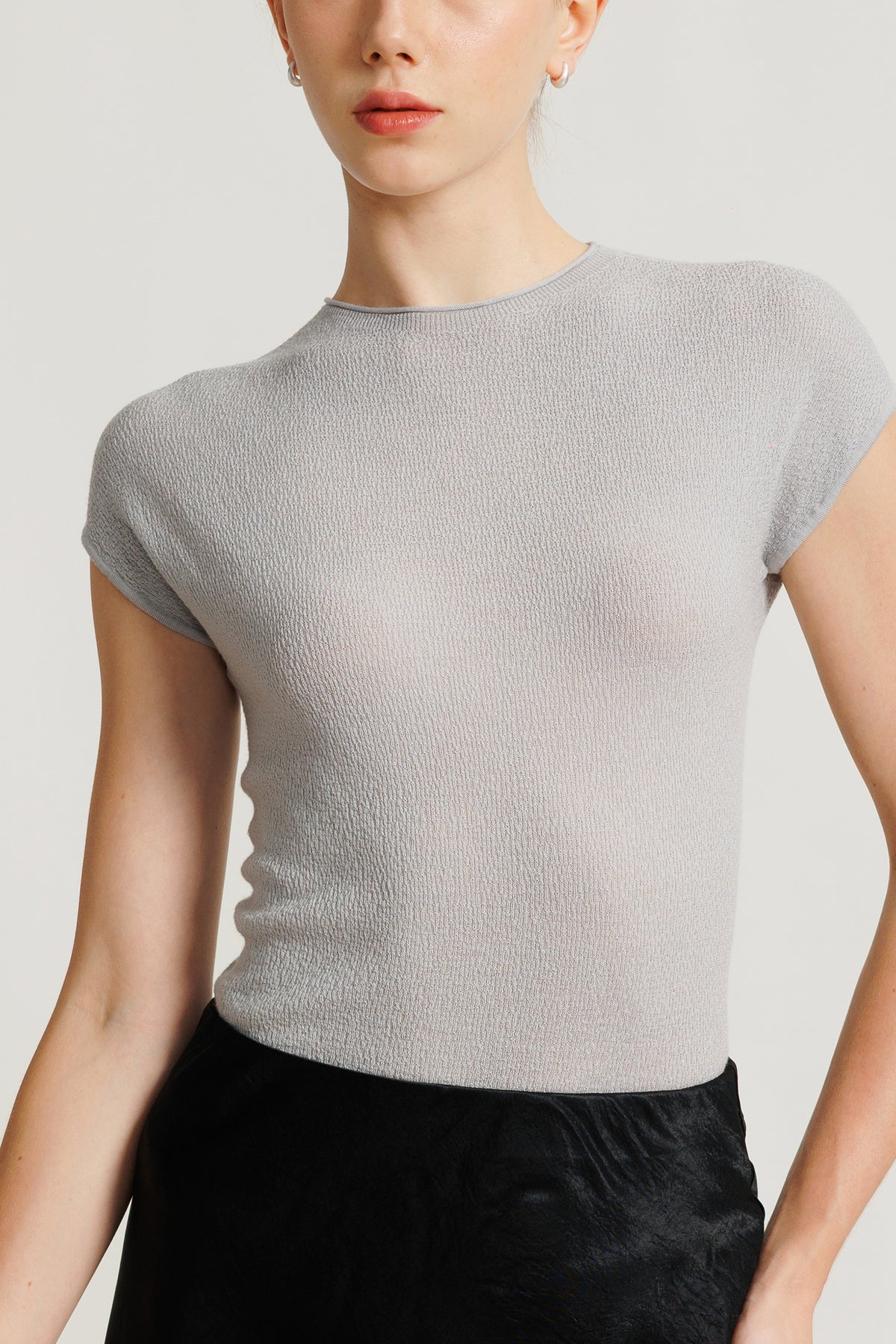 Cap-sleeve Textured Knit Top - Grey Pearl