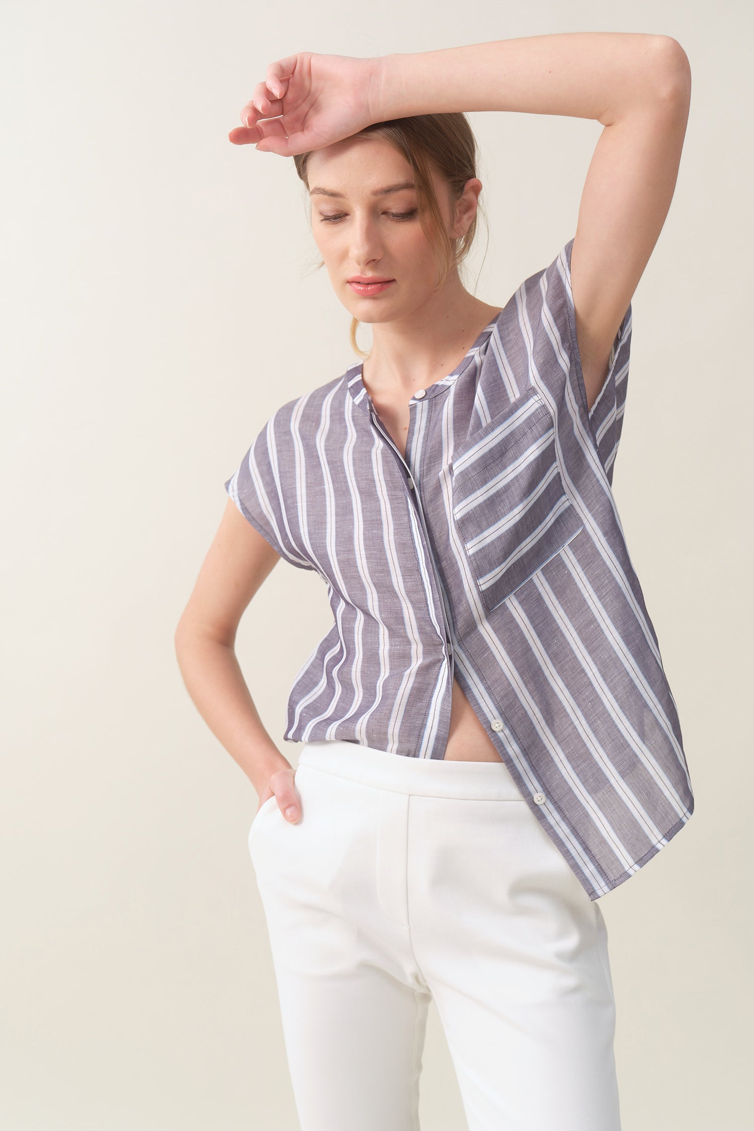 Cap-sleeve Relaxed Shirt - Chambray Stripe