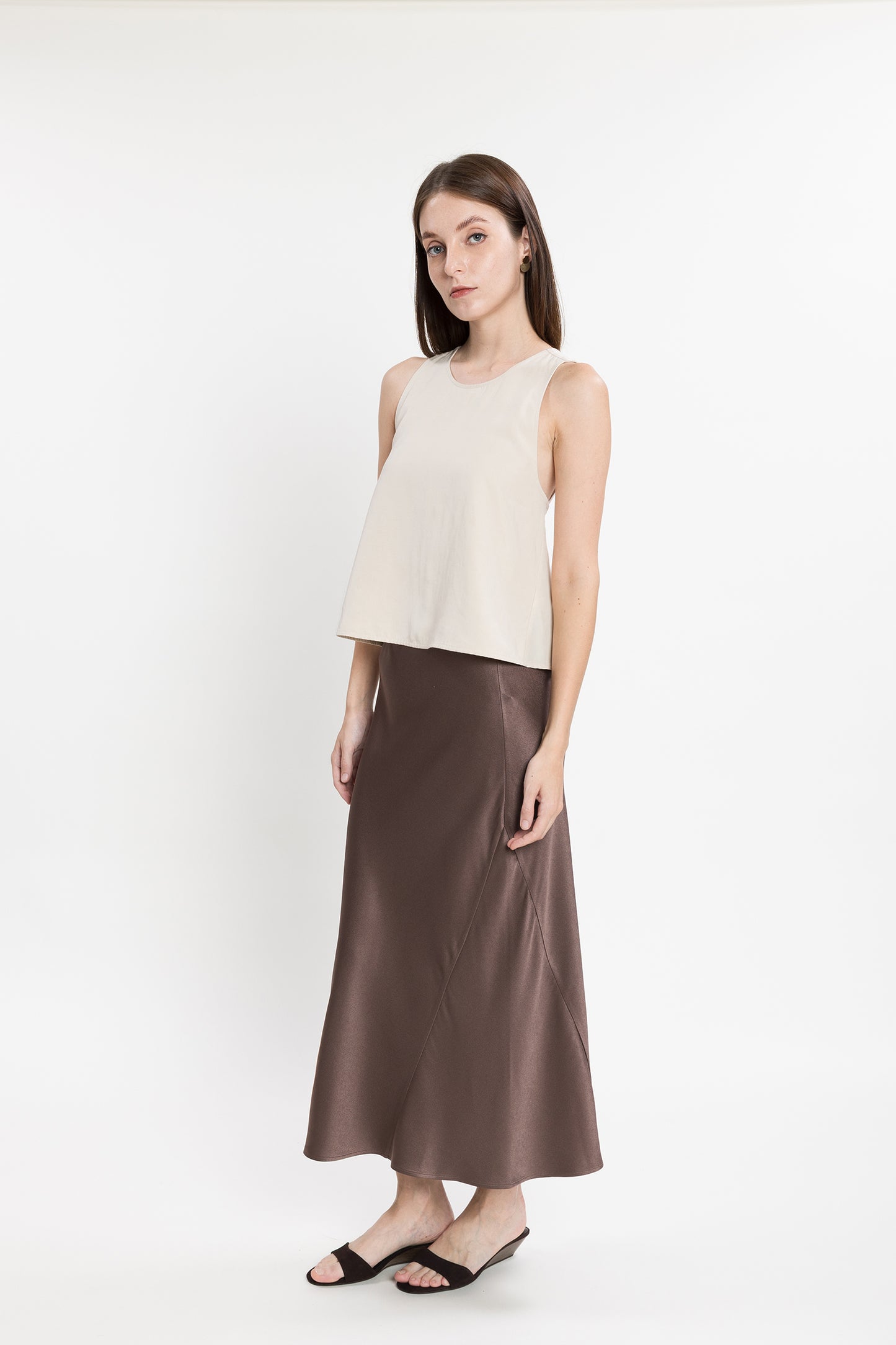 Asymmetric Midi Satin Skirt - Chocolate