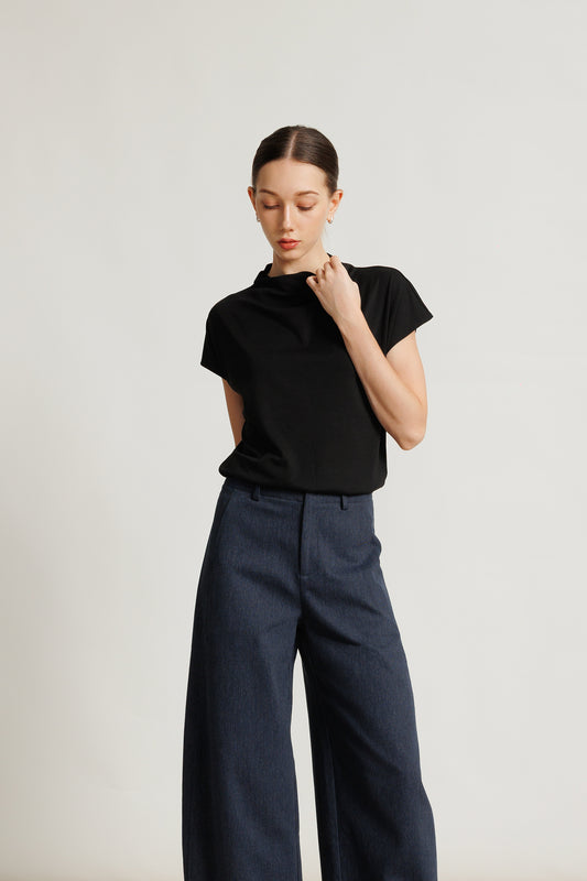 Draped Jersey Blouson Top - Black