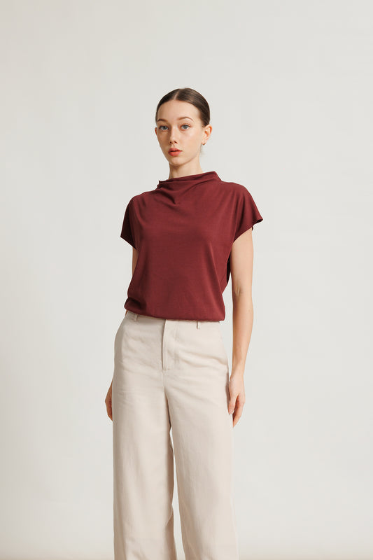 Draped Jersey Blouson Top - Burgundy