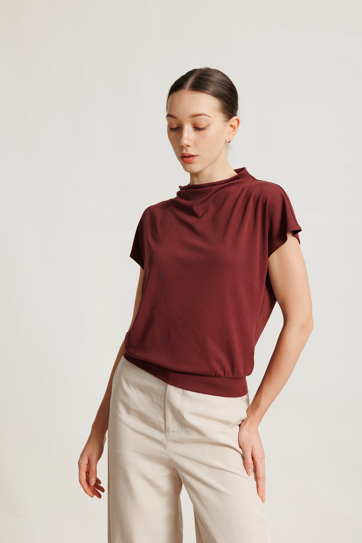 Draped Jersey Blouson Top - Burgundy