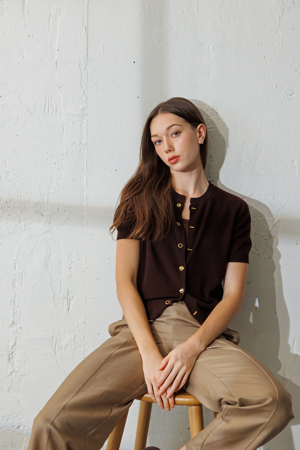 Embellished Short-sleeve Cardigan - Chocolate