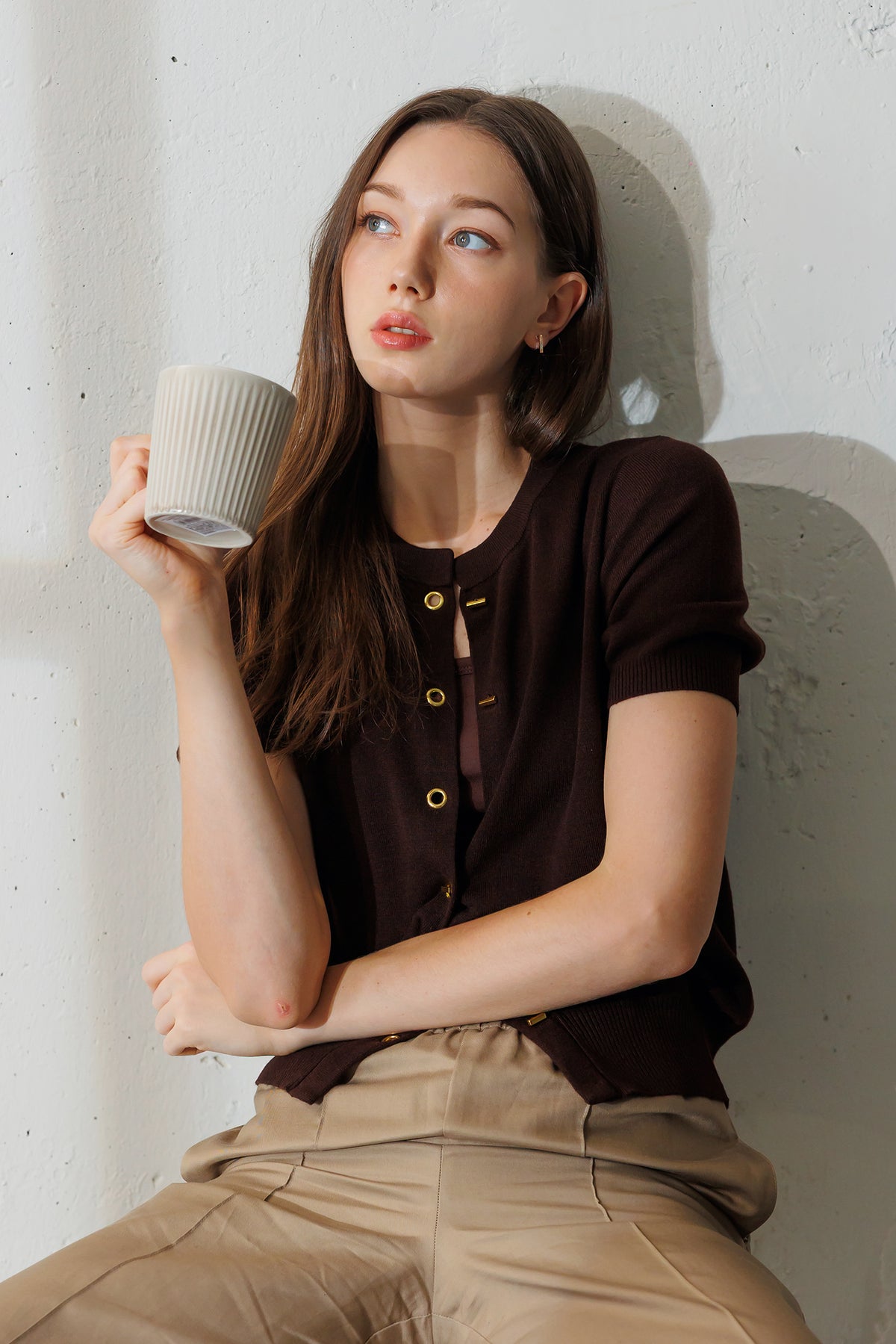 Embellished Short-sleeve Cardigan - Chocolate