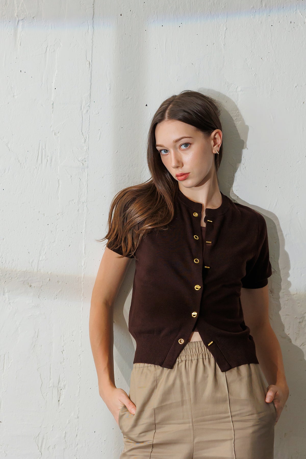 Embellished Short-sleeve Cardigan - Chocolate