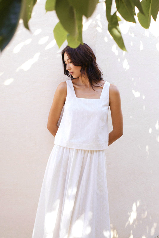 Square-neck Flocked Poplin Top - White