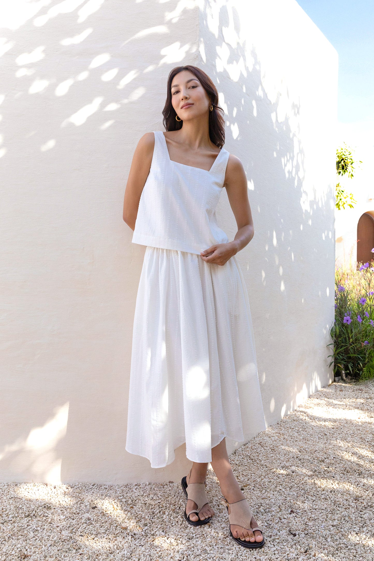 Square-neck Flocked Poplin Top - White