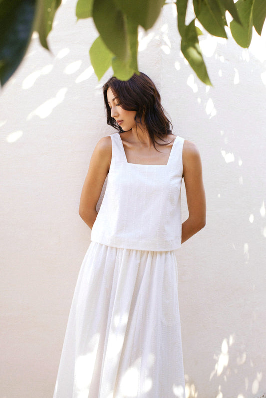 Square-neck Flocked Poplin Top - White