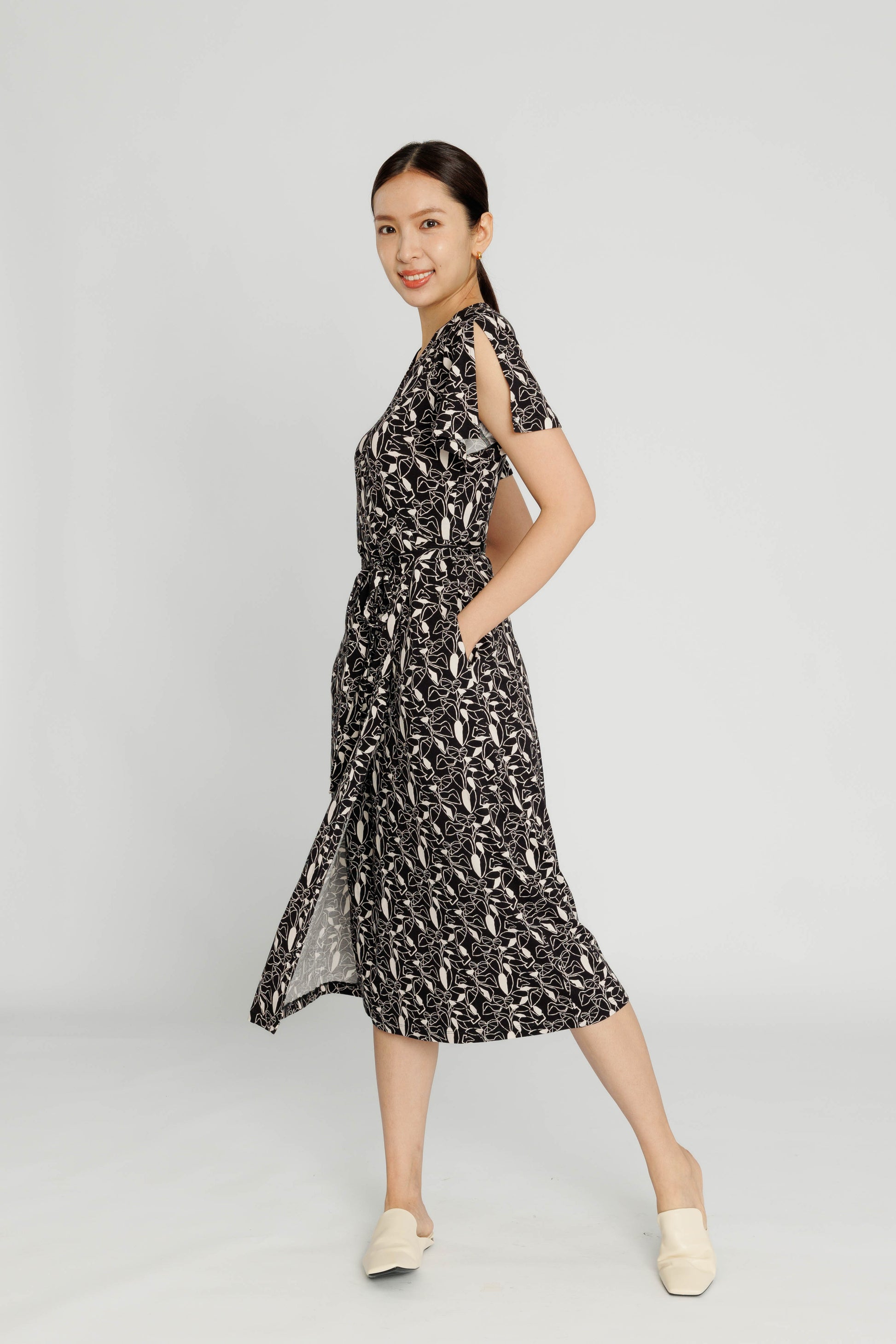 Flutter-sleeve Midi Wrap Dress - Black Botanical Tove & Libra Flutter-sleeve Midi Wrap Dress - Black Botanical Tove & Libra