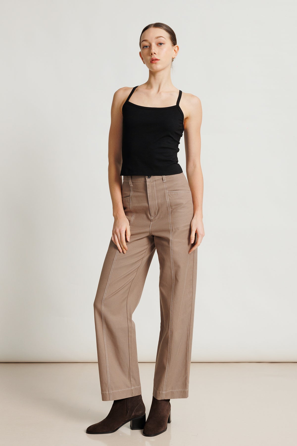High-waist Cotton Topstitch Pant - Latte
