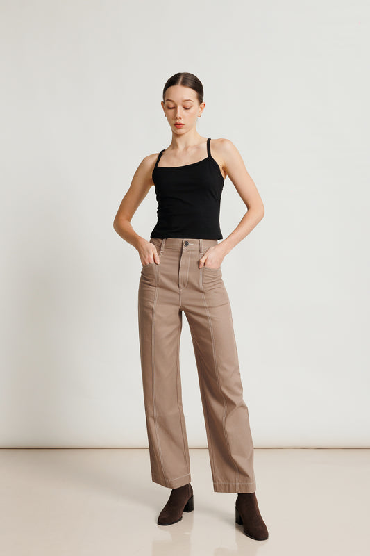 High-waist Cotton Topstitch Pant - Latte