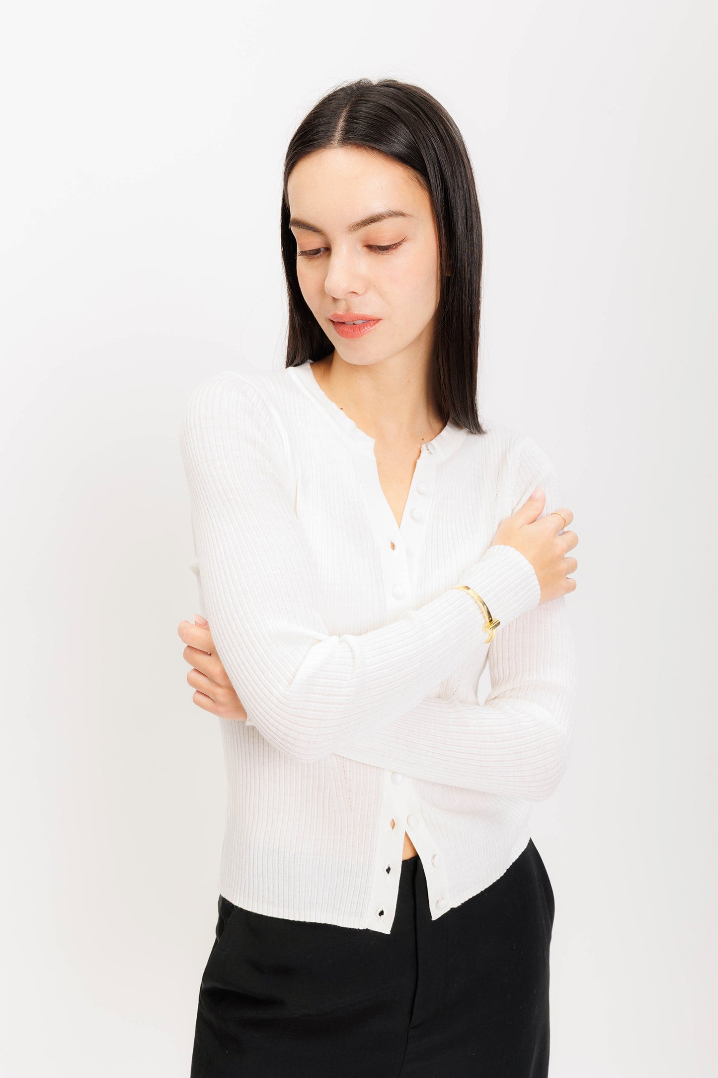 Long-sleeve Buttoned Knit Top - Cream