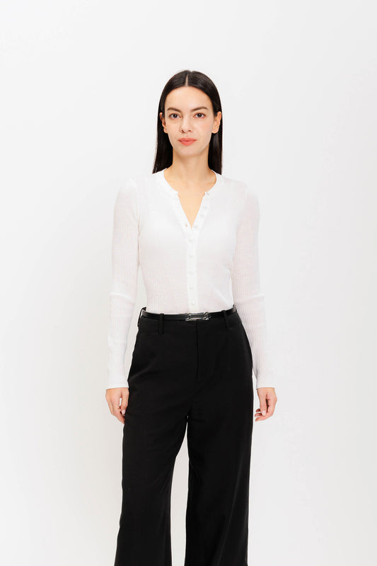 Long-sleeve Buttoned Knit Top - Cream